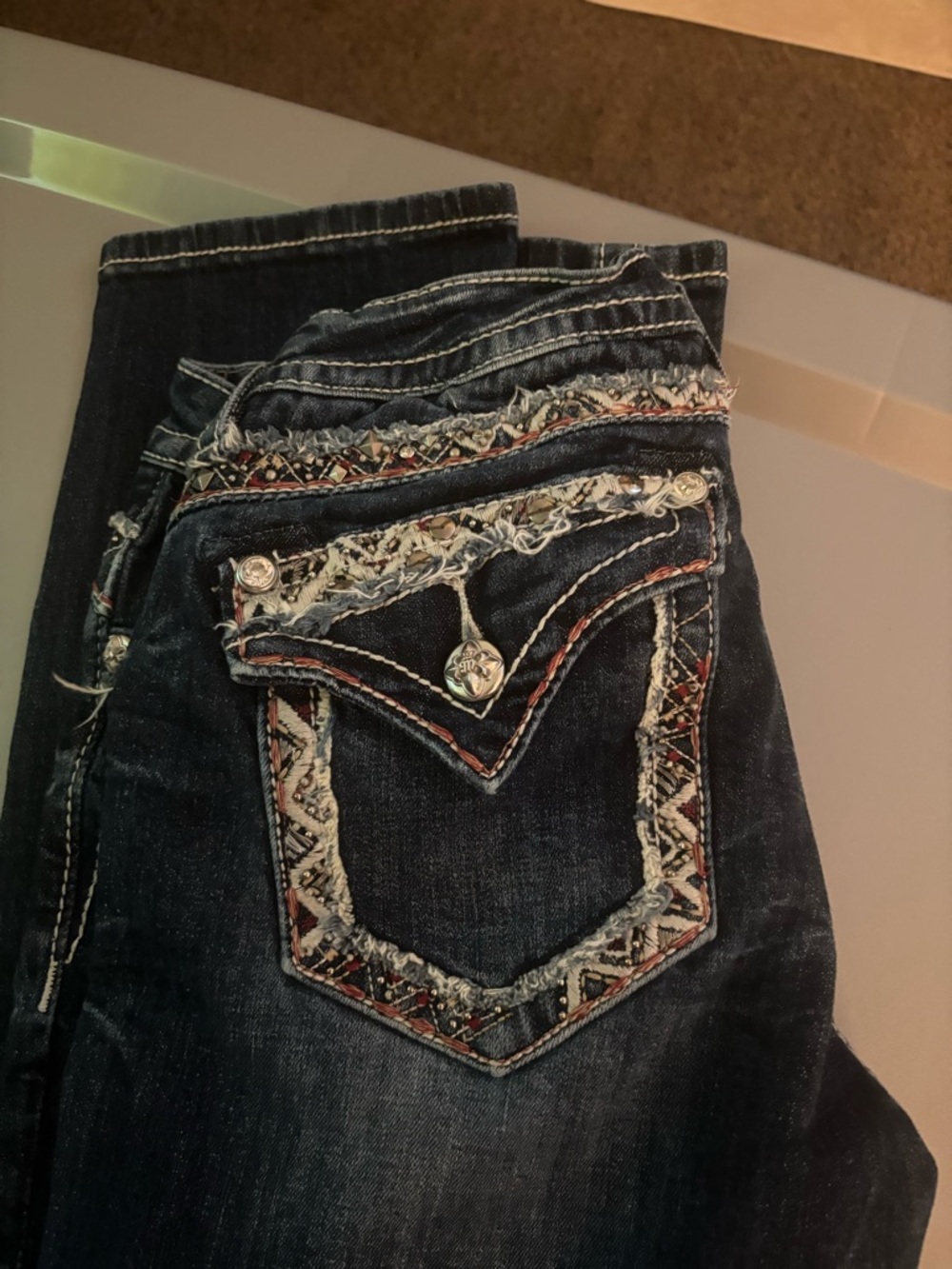 Miss Me Dark Blue Straight Leg Jeans with Embroidered Pocket